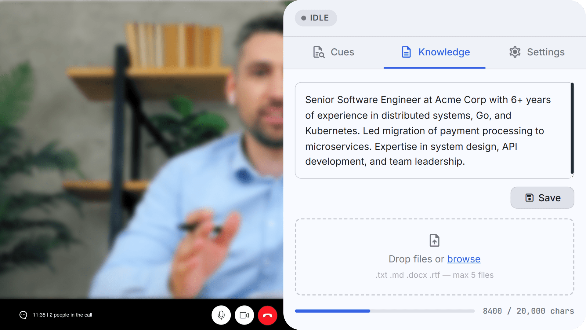 Sidecue Knowledge tab with uploaded context
